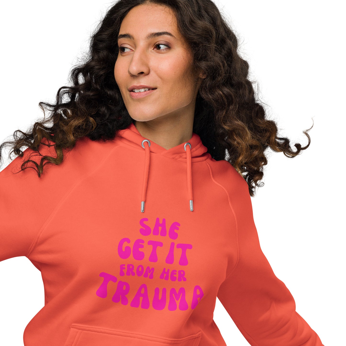 She Get It From Her Trauma (Pink Font) - Unisex eco raglan hoodie