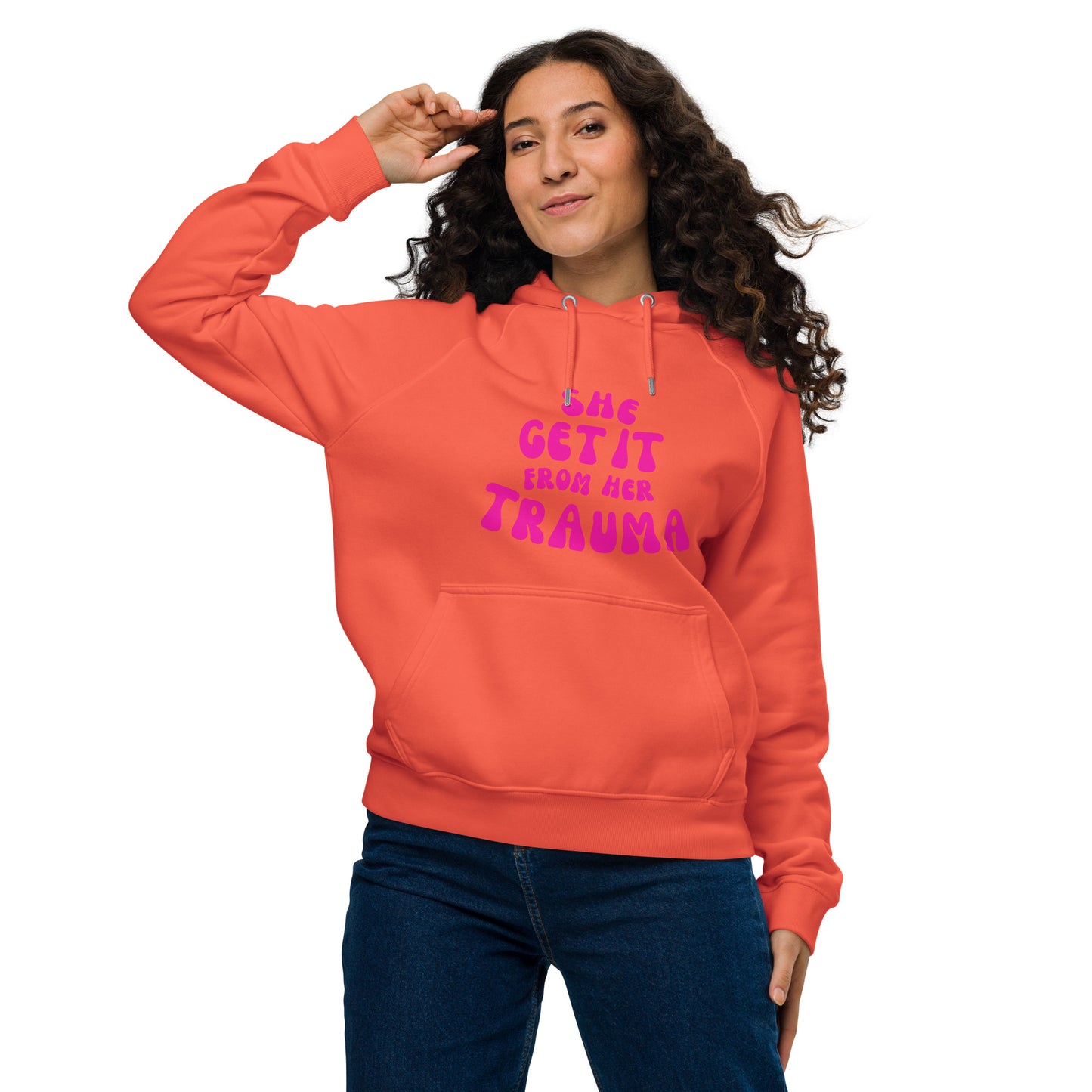 She Get It From Her Trauma (Pink Font) - Unisex eco raglan hoodie