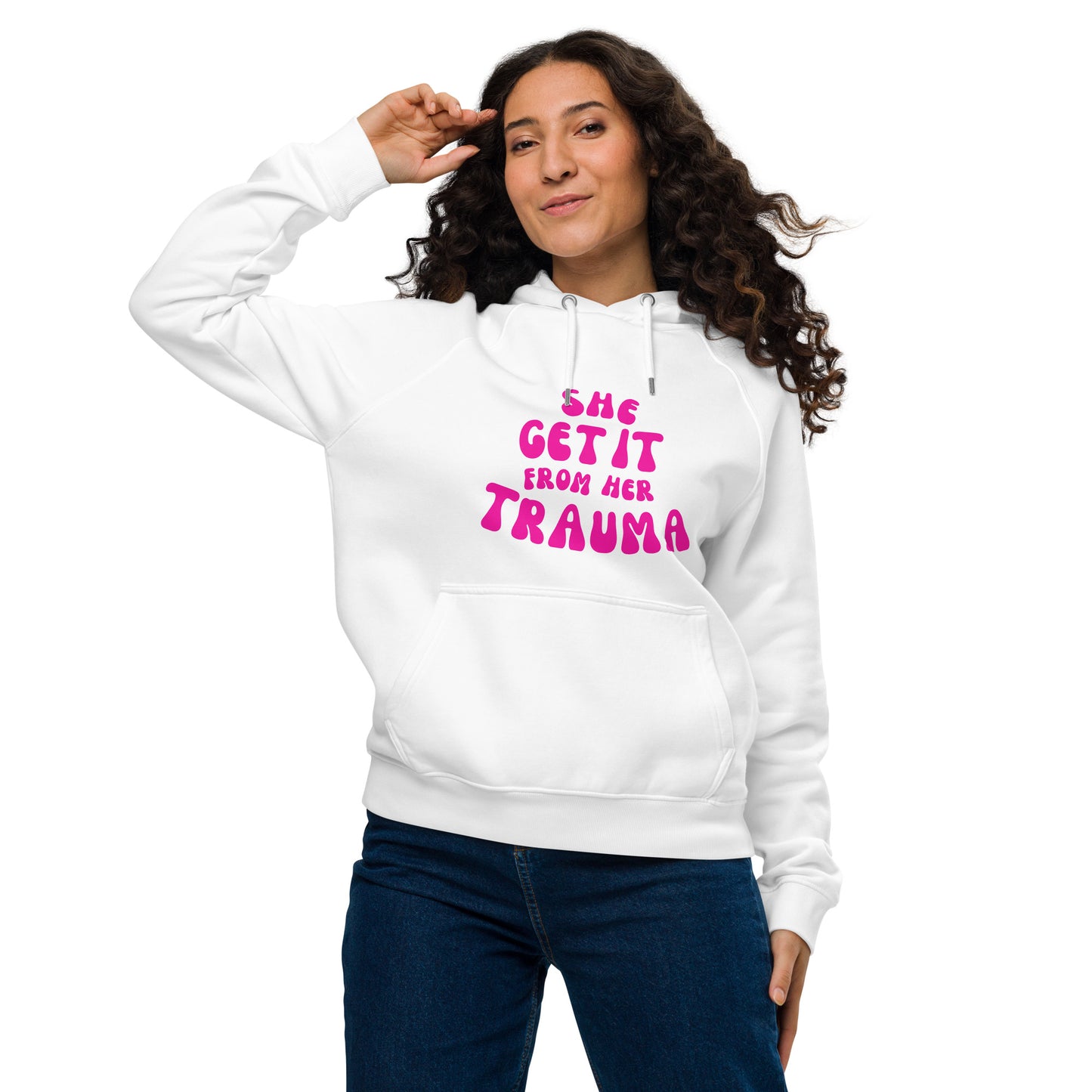 She Get It From Her Trauma (Pink Font) - Unisex eco raglan hoodie